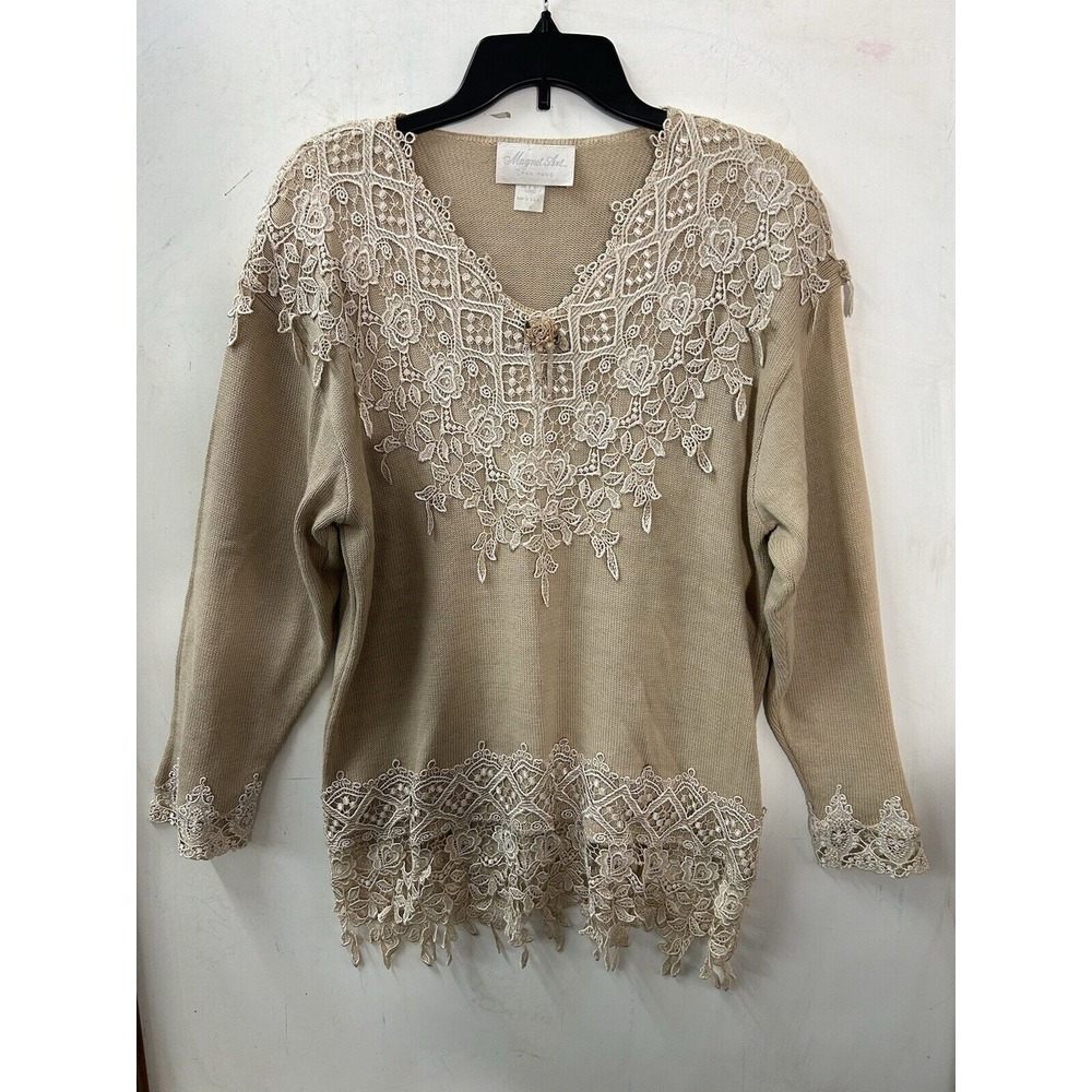 VTG Magnet Art Lynn Yang Size M Floral Lace Sweater Brown Cottage Core Coquette